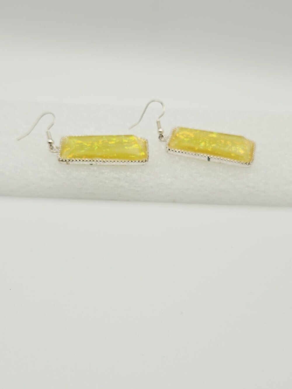 Yellow Iridescent Rectangle Drop Earrings With 925 Stering Hooks - Picture 10 of 14